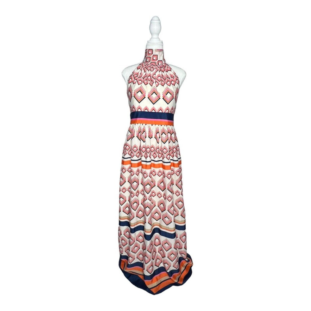 Eliza J Women Size 8 Cream Ivory High Neck Tie Halter geometric Long Maxi dress - Picture 5 of 15
